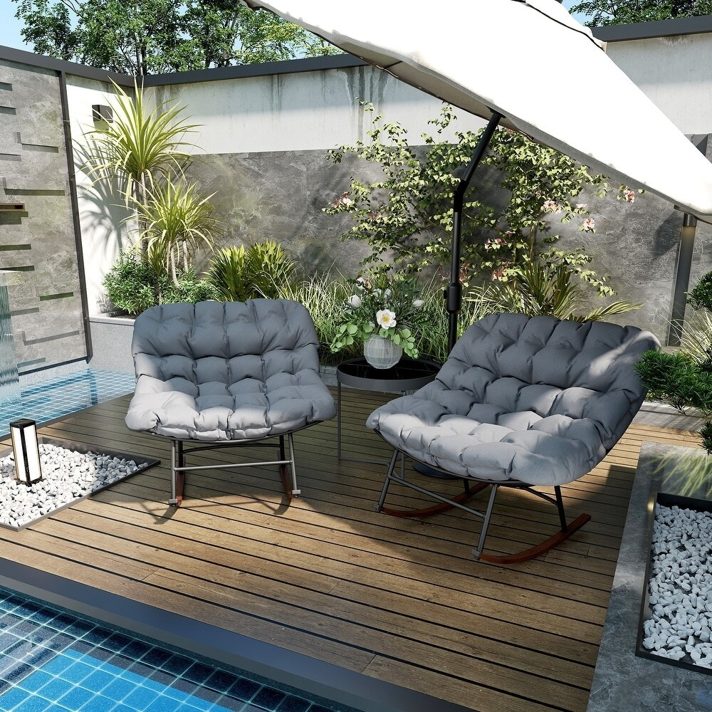 2 PCS Outdoor Rocking Chair, Oversized Rocking Papasan Chairs with Cushions for Garden Porch
